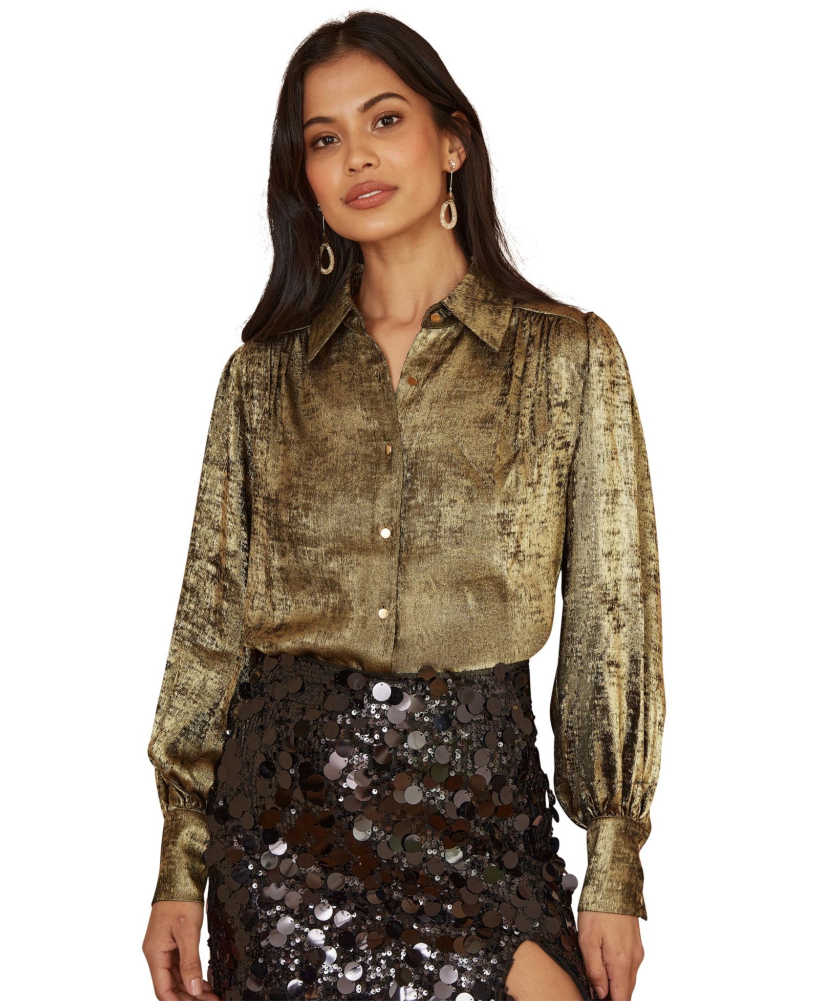Женская рубашка Yumi Women's Metallic Relaxed Balloon Sleeve Shirt