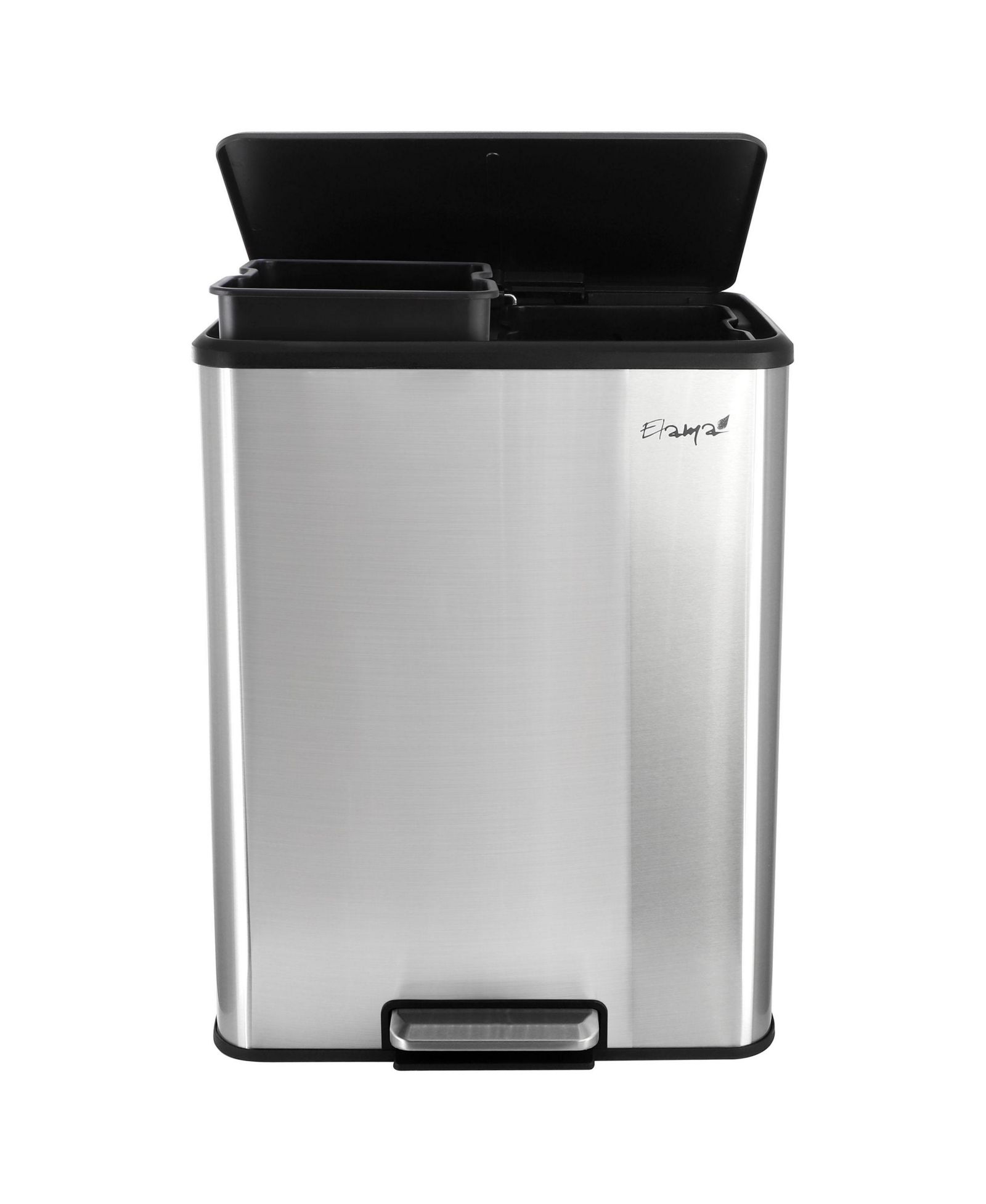 Elama 60 Liter 2 Compartment Large 8 Gallon Split Stainless Steel Step Trash Bin with Slow Close Mechanism