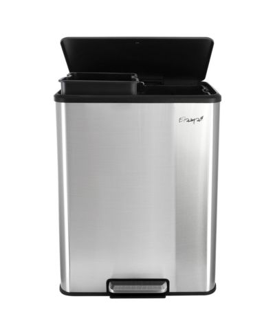 Elama 60 Liter 2 Compartment Large 8 Gallon Split Stainless Steel Step Trash Bin with Slow Close Mechanism