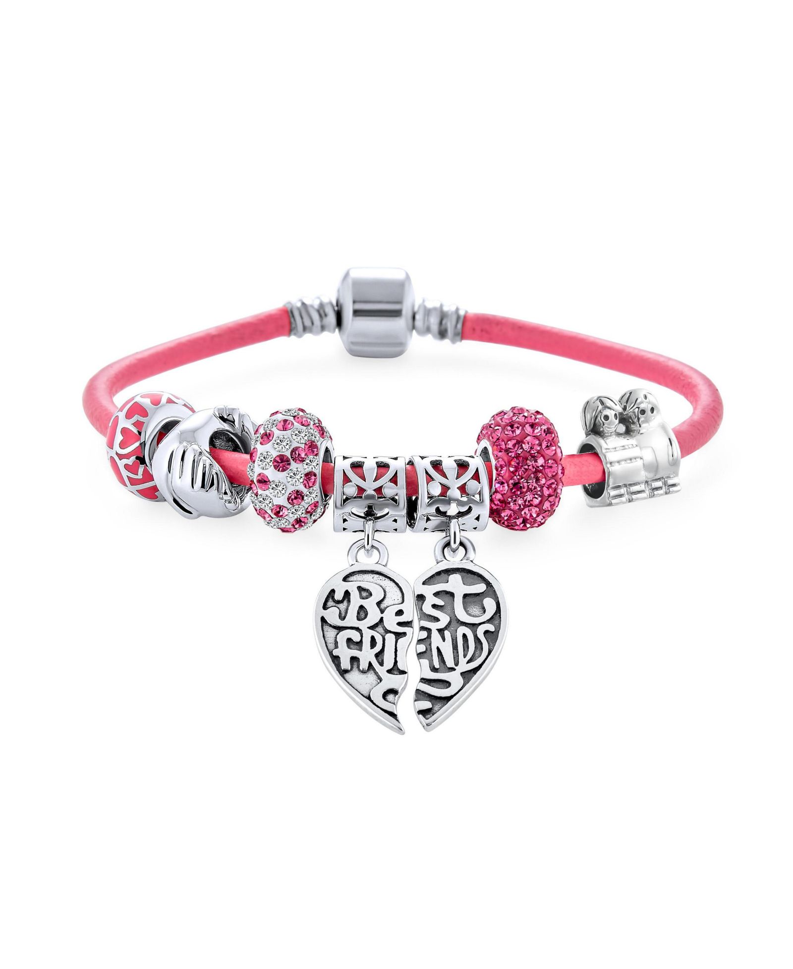 Bling Jewelry Best Friend Split Heart Charm Bracelet Pink Leather
