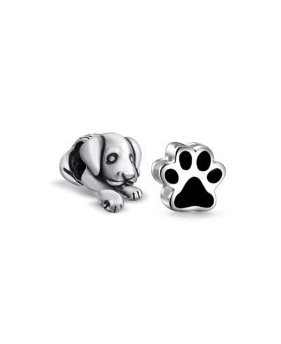 Bling Jewelry Pet Dog Black Paw Print Charm Bead for Bracelet .925 Sterling Silver 2 Set