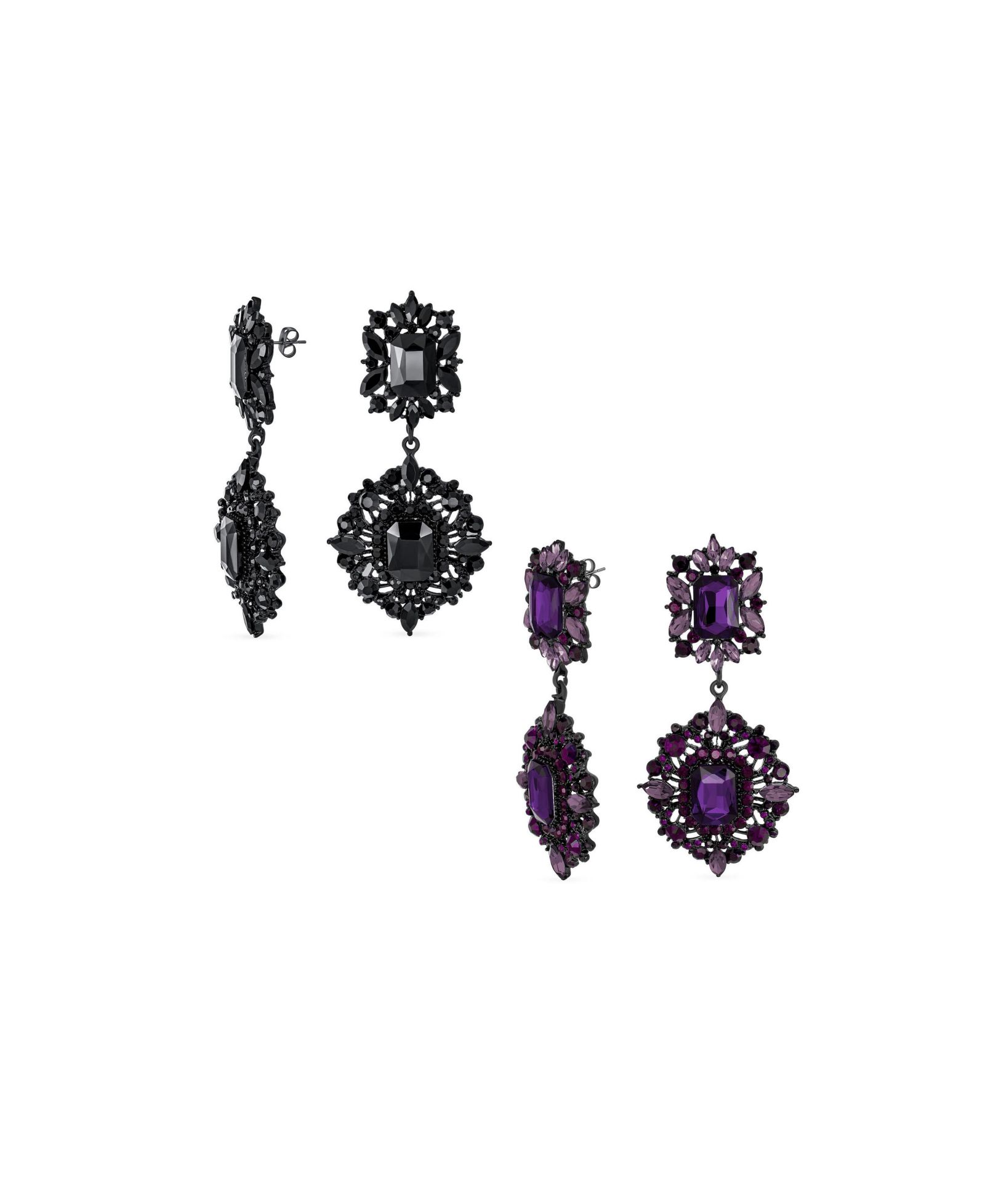 Bling Jewelry Art Deco Style Purple Black Crystal Statement Chandelier Earrings (2 Set)