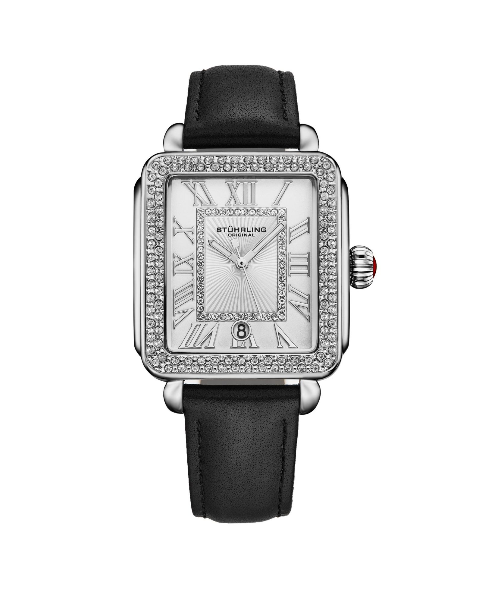 Stuhrling Элегантные Женские прямоугольные часы – Model 4060L.1, серебристый корпус, черный кожаный ремешок