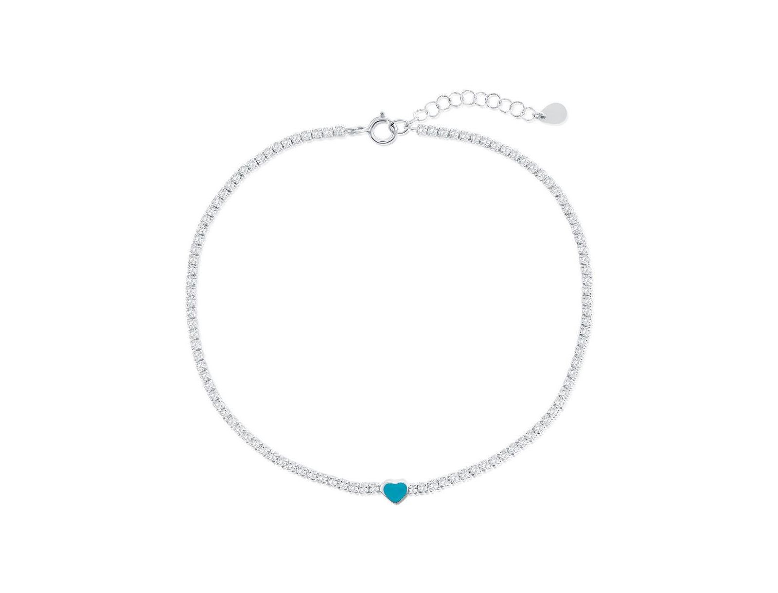Sterling , Enamel Heart, CZ Tennis Anklet -