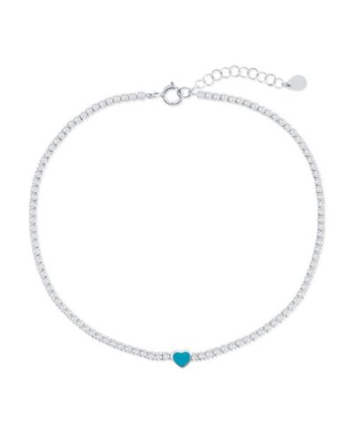 Sterling , Enamel Heart, CZ Tennis Anklet -