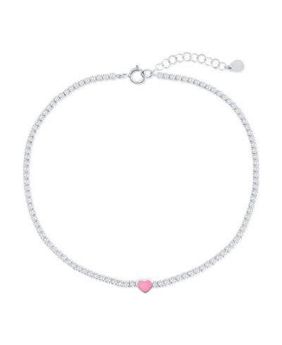 Sterling , Enamel Heart, CZ Tennis Anklet -