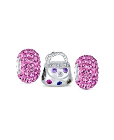 Bling Jewelry Dark Pink Crystal Charm Bead for Bracelet .925 Sterling Silver 3 Set