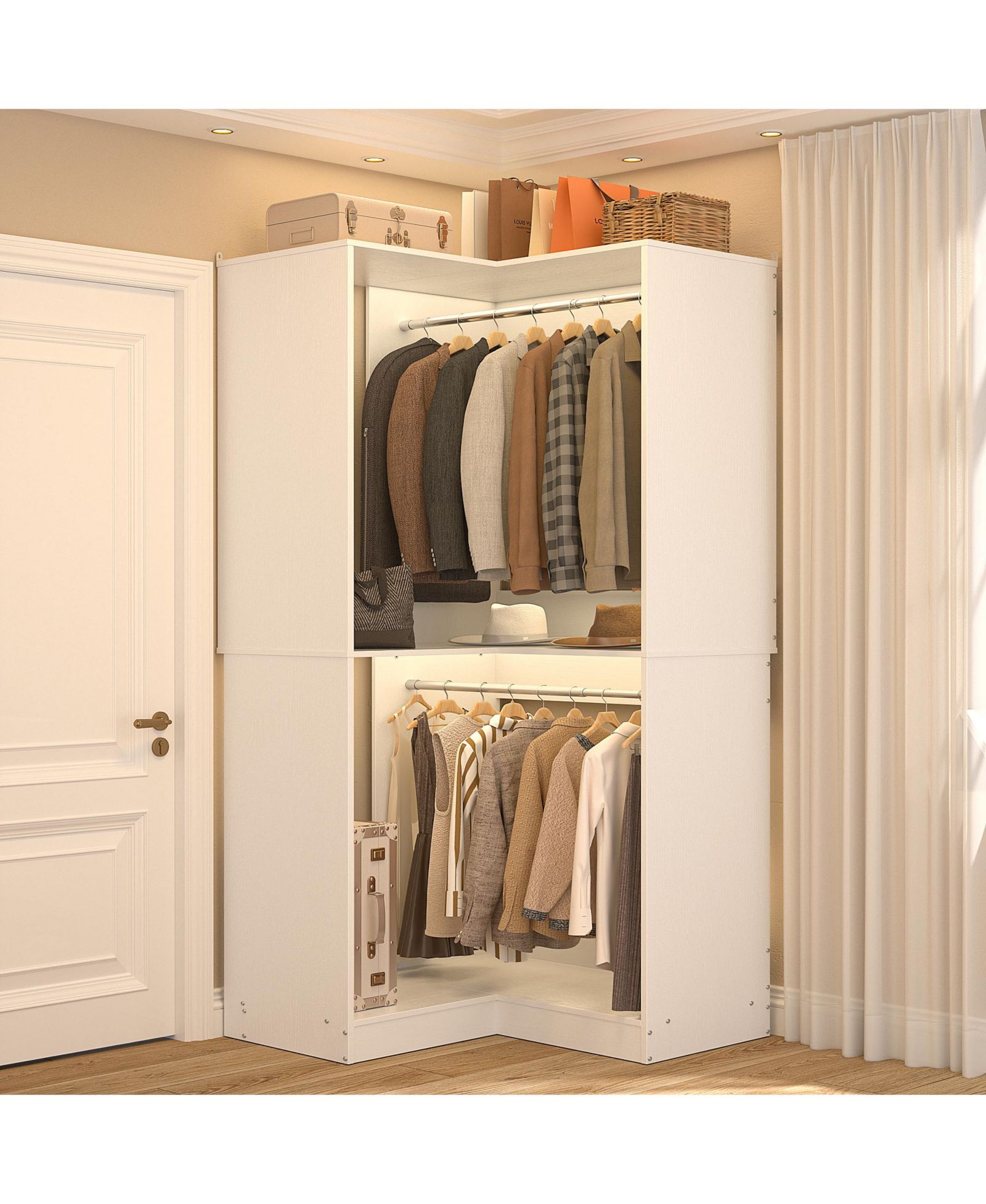 Aheaplus Freestanding Corner Closet Organizer with Hanging Rods, Space-saving Closet System for Walk-in Closet