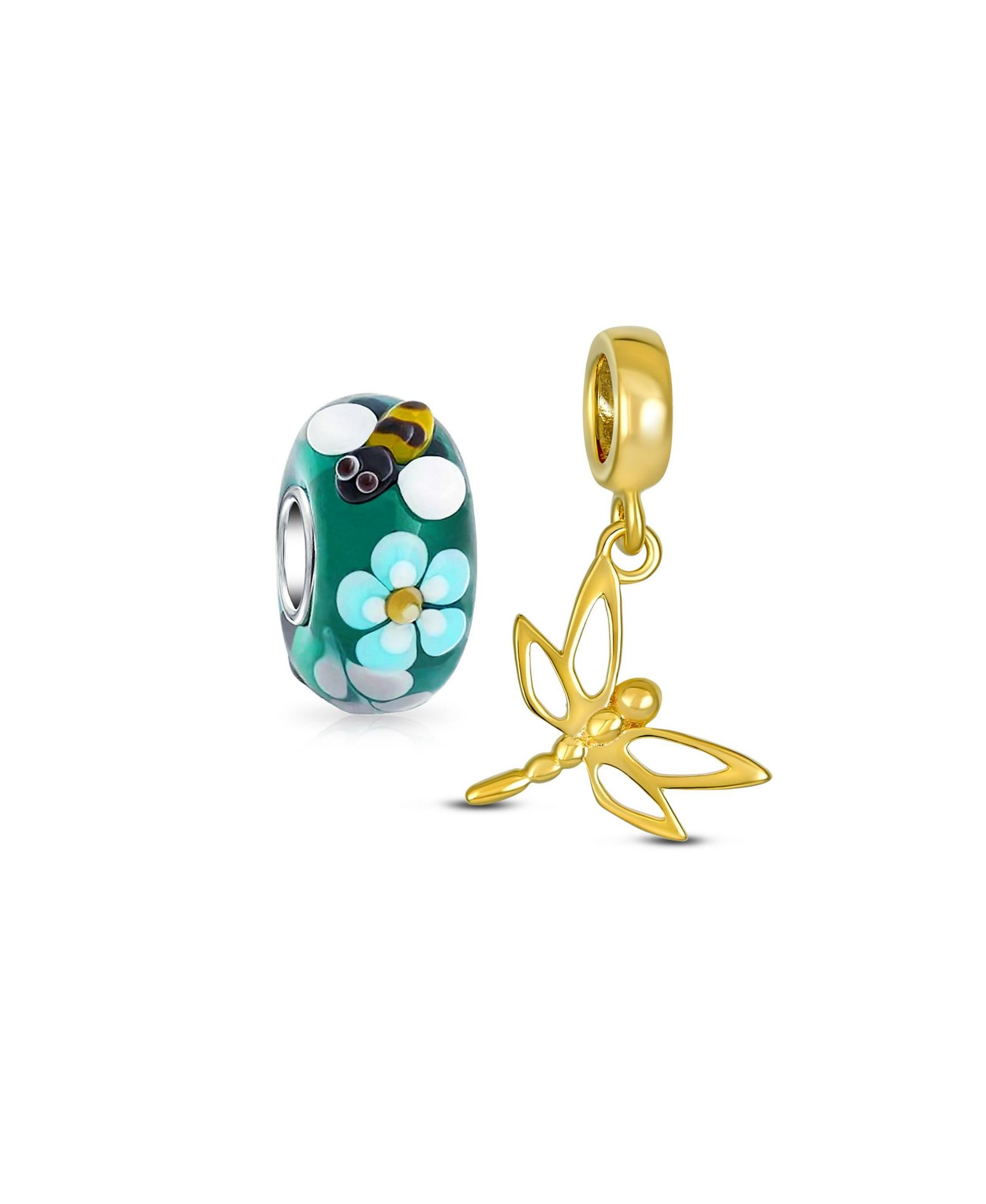Bling Jewelry Dragonfly Flower Glass Set Charm Bead Set for Bracelet .925 Sterling Silver