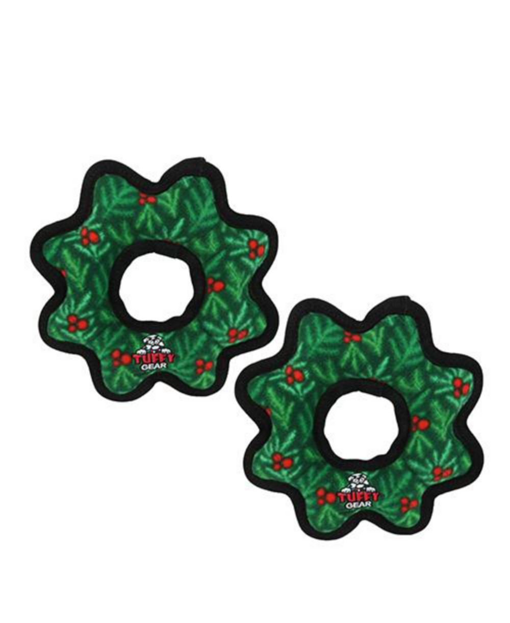 Tuffy Holiday Medium Gear Ring Wreath 2 Pack, Durable Plush Squeaky Dog Toy
