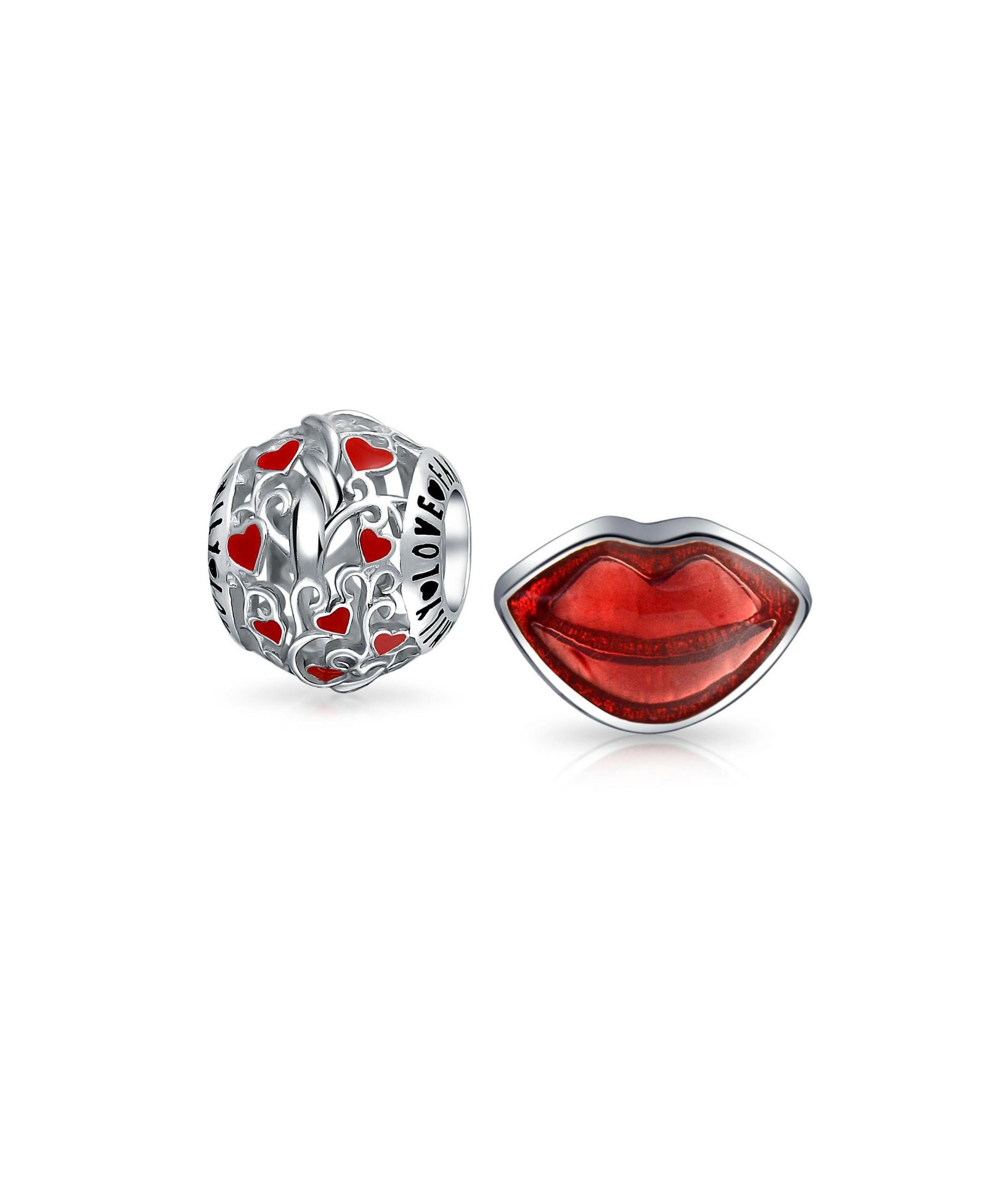 Bling Jewelry Filigree Hearts Detailed Charm Bead for Bracelet .925 Sterling Silver 2 Set