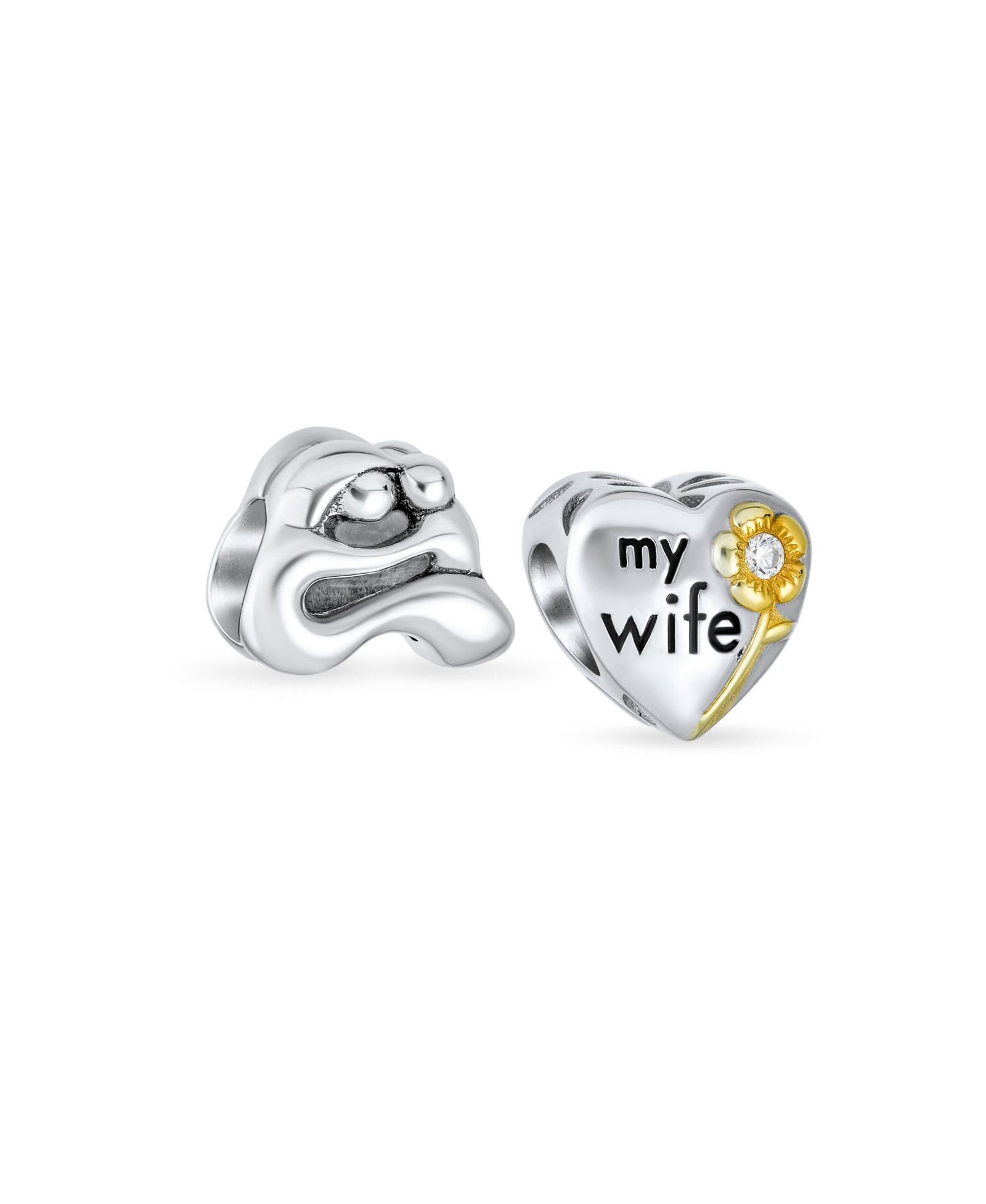 Bling Jewelry Daisy Heart Shape Two Tone Charm Bead for Bracelet 14K Gold Plated 2 Set