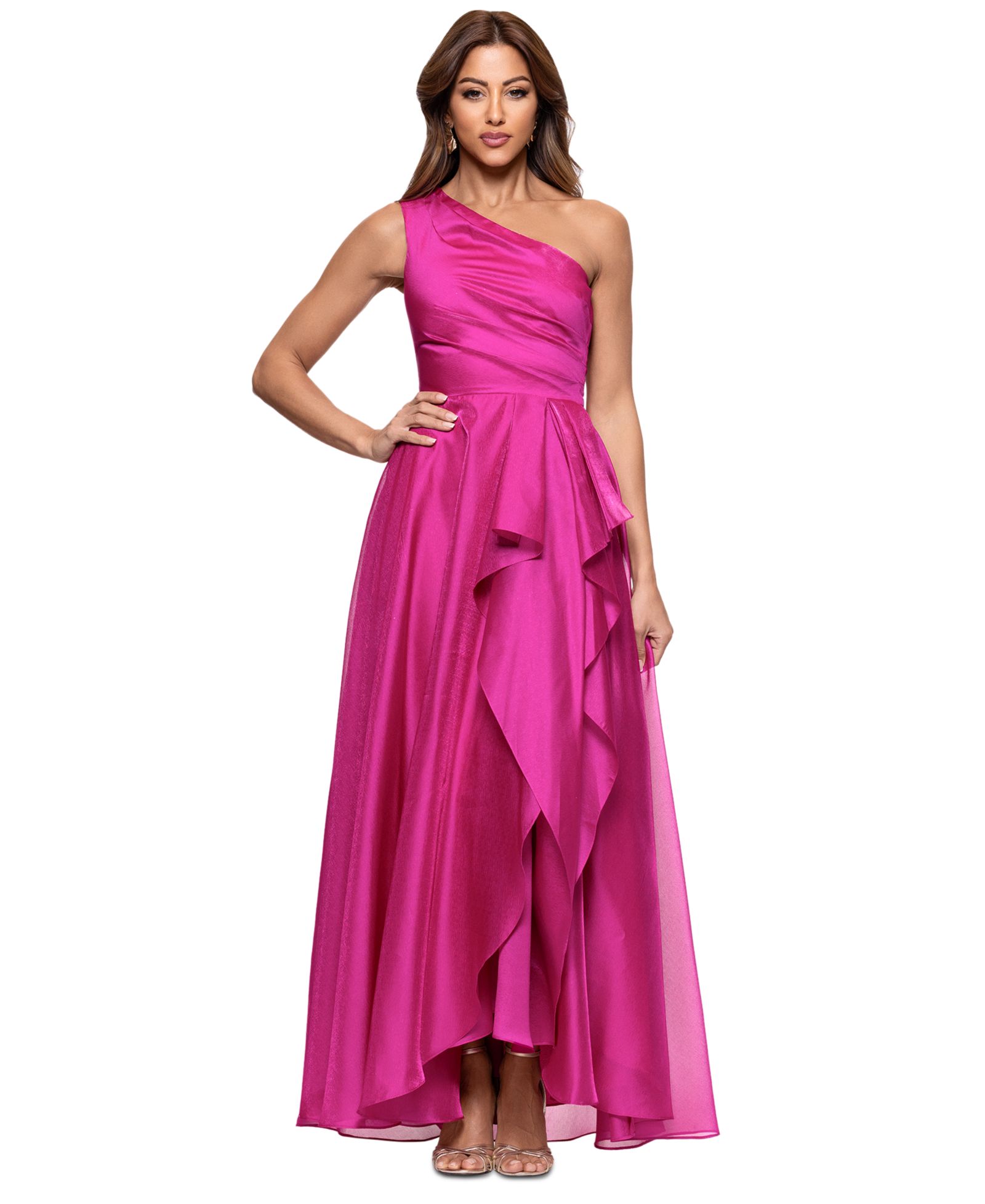 XSCAPE Women's Metallic Draped One-Shoulder Gown