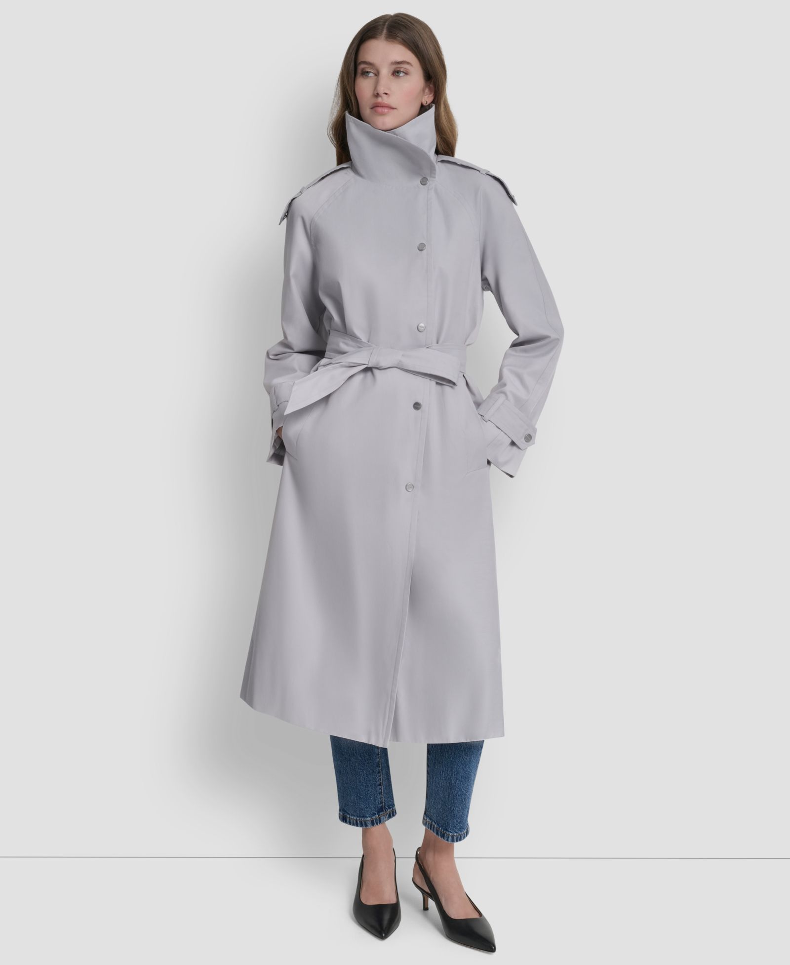 DKNY Women's Belted Funnel Collar Long Trench Coat