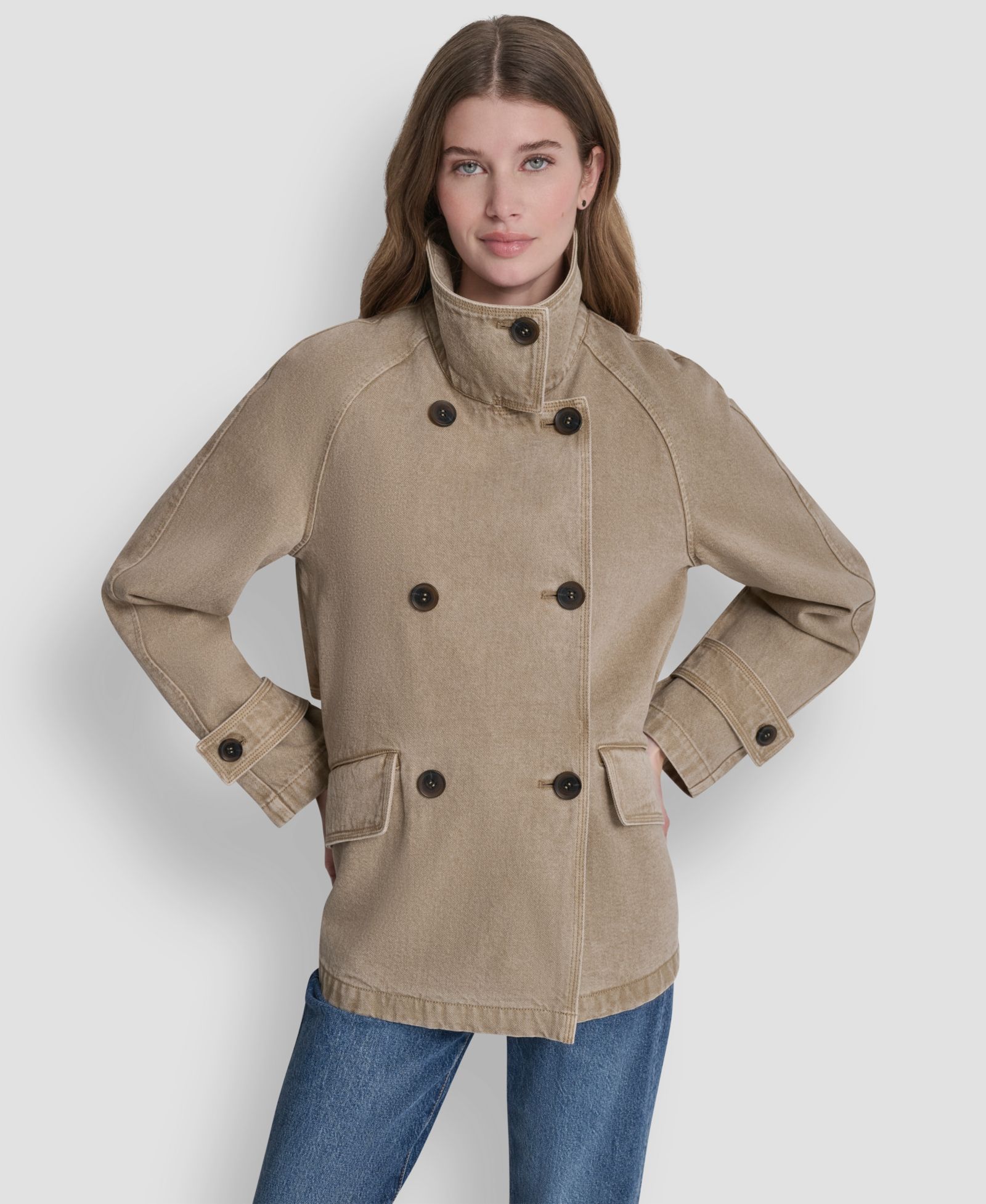 DKNY Women's Denim Double Breasted A-Line Coat