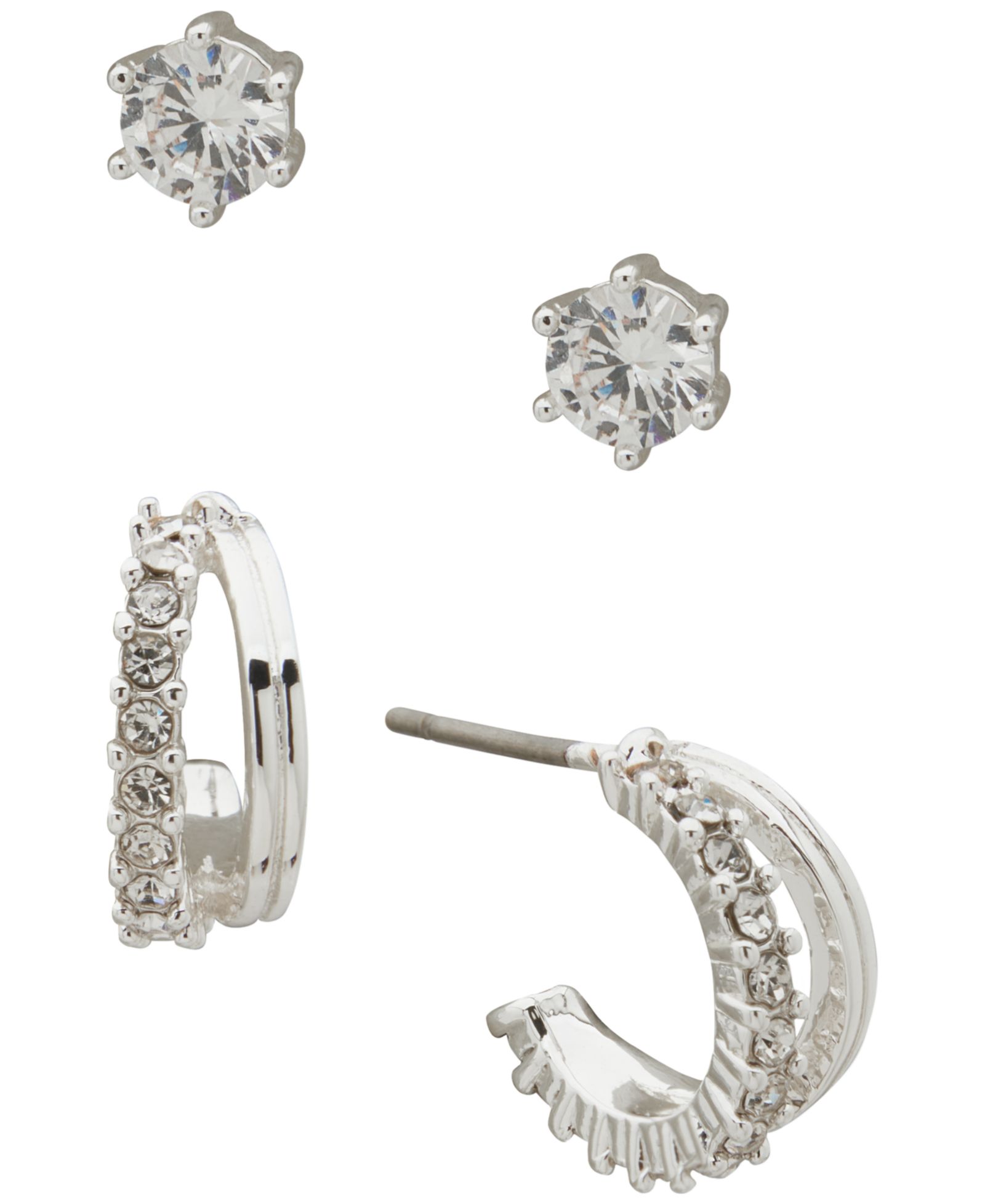 Anne Klein 3-Pc. Cubic Zirconia Silver-Tone Round and Baguette Earrings Set