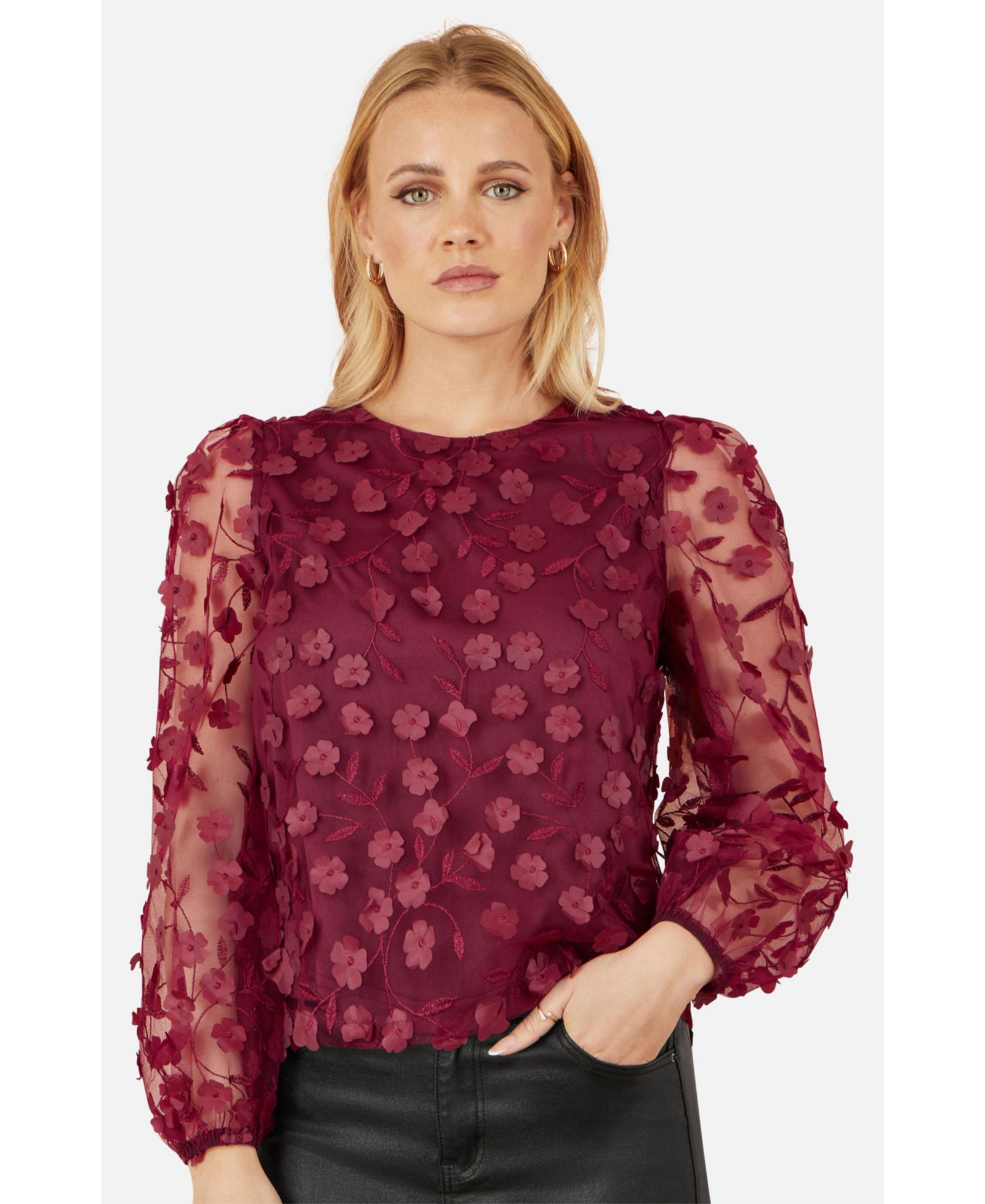 Yumi Женский прозрачный топ с цветочным принтом Long Sleeve Sheer Floral Top