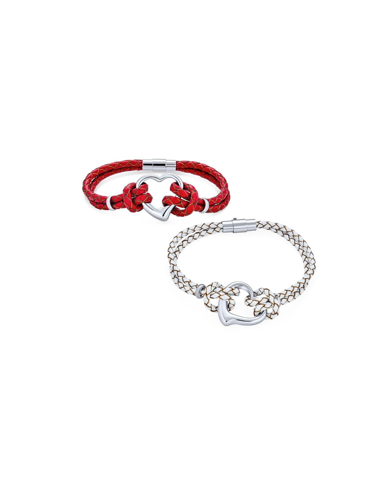 Bling Jewelry Open Heart Genuine White Red Braided Leather Cord 2-Strand Bracelet Set-2