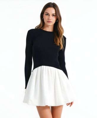 Modenaire Women's Ribbed Long-Sleeve Fit-and-Flare Mini Dress