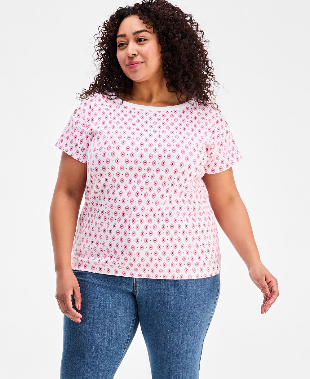 Style & Co Plus Size Printed Pima Cotton Button-Shoulder Boat-Neck Top, Macy's Exclusive