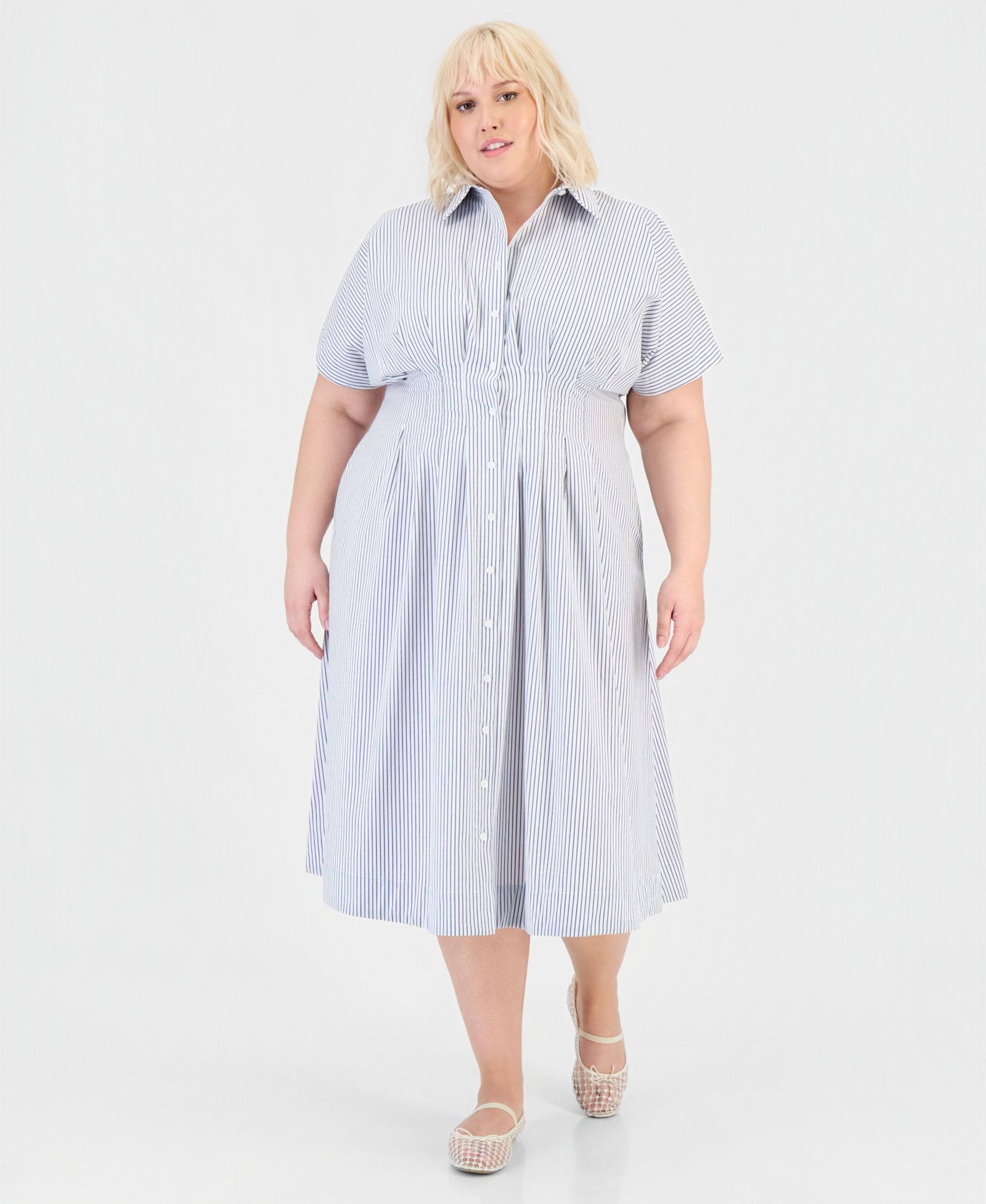 On 34th Trendy Plus Size Pinstriped Pleated-Waist Midi Shirtdress, Macy's Exclusive
