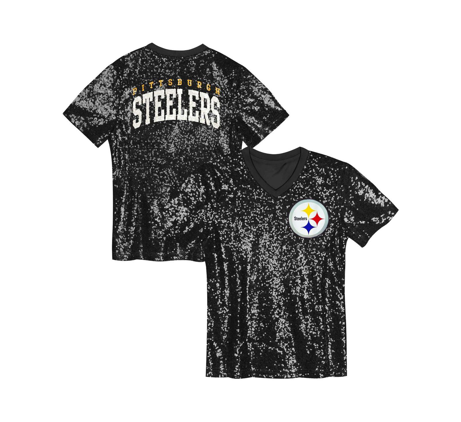 Верх Outerstuff Big Girls Black Pittsburgh Steelers Wordmark Sequin V-Neck