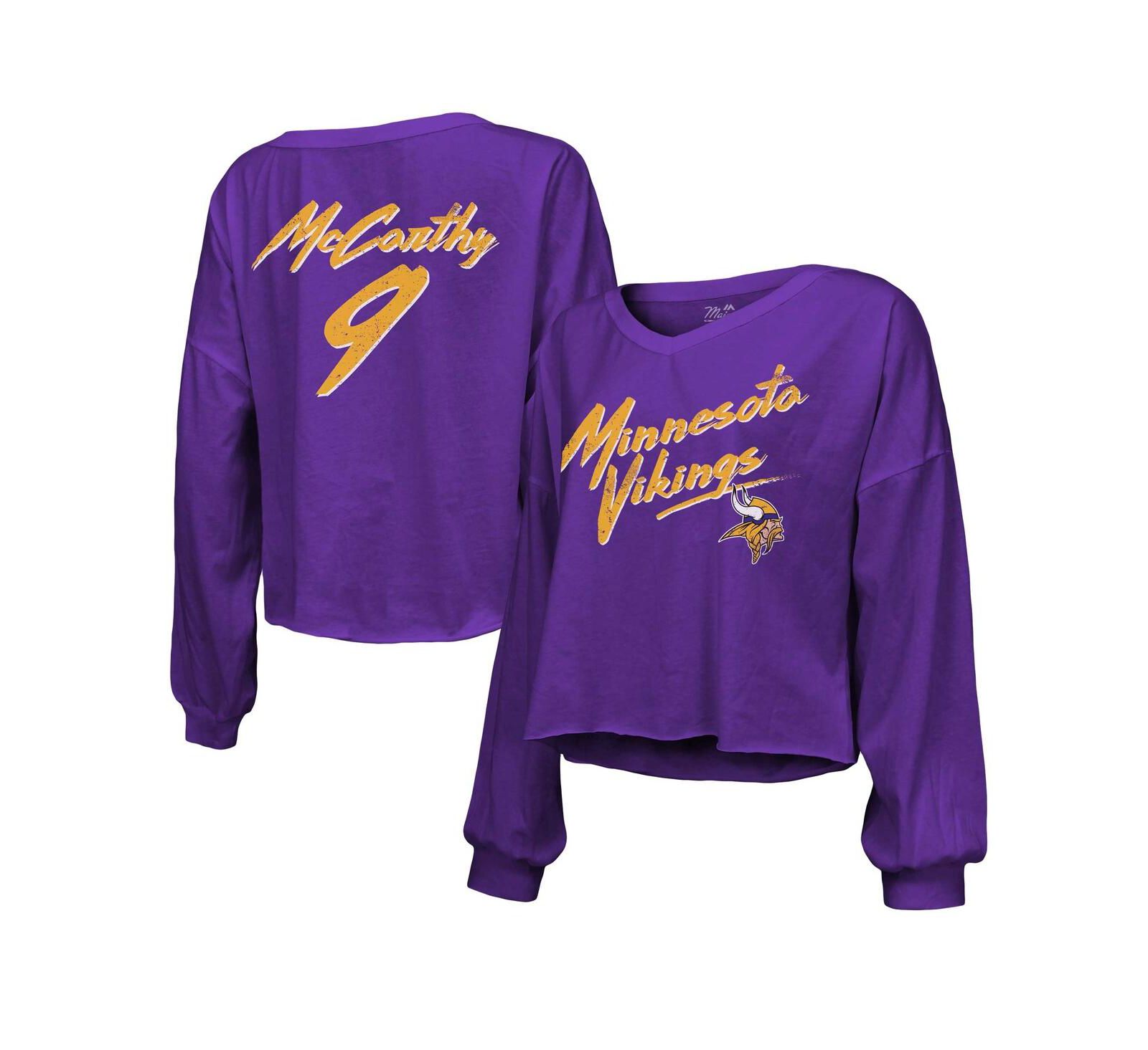 Majestic Women's J.J. McCarthy Purple Minnesota Vikings Name & Number Off-Shoulder Script Cropped Long Sleeve V-Neck T-Shirt