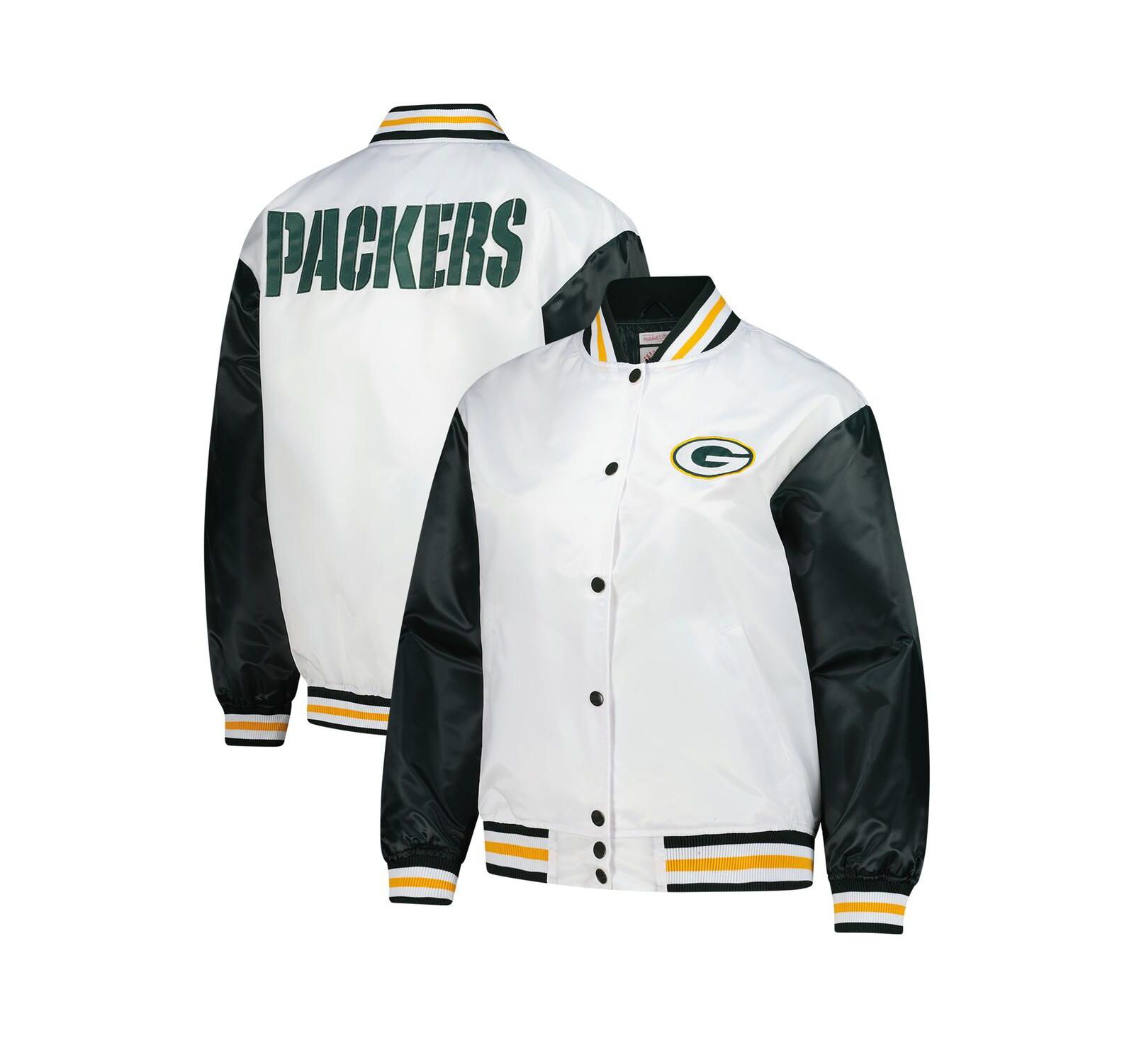 Mitchell & Ness Women's White Green Bay Packers Plus Size Full-Snap Satin Jacket