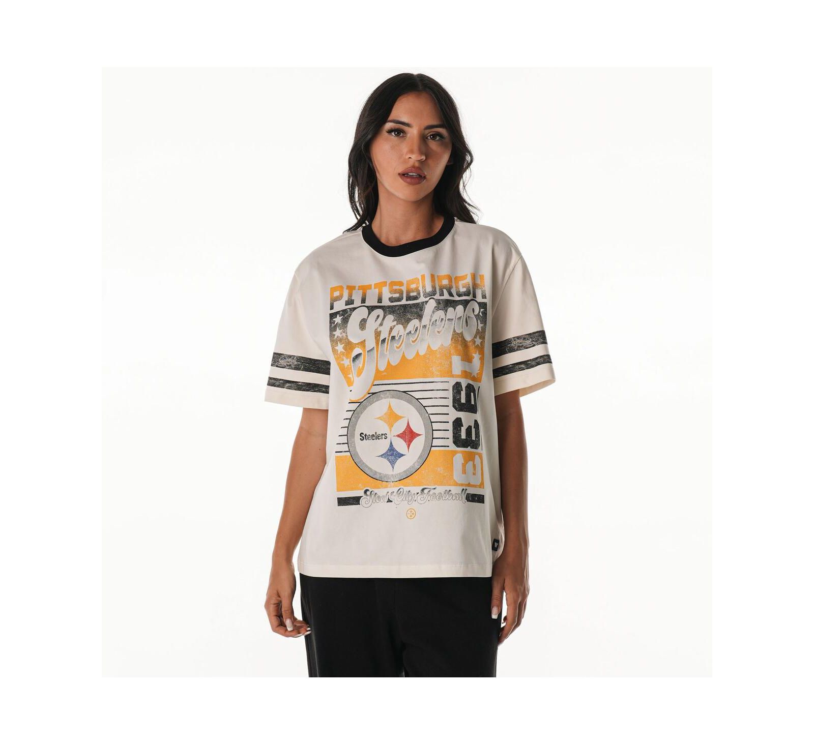 Женская футболка The Wild Collective Cream Pittsburgh Steelers Vintage Drop Shoulder Oversized Boyfriend