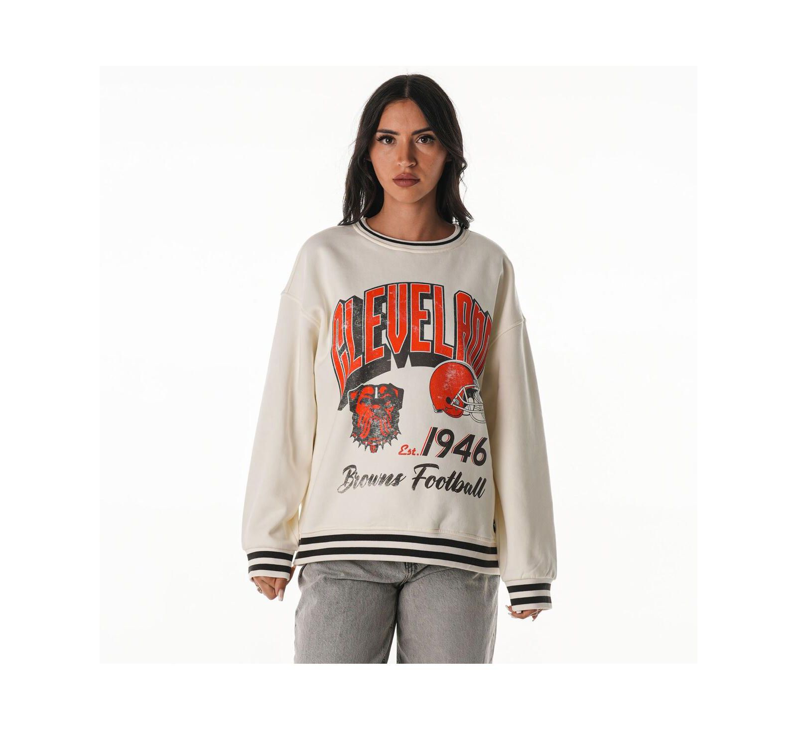 The Wild Collective Women's Cream Cleveland Browns Oversized Vintage French Terry Sweatshirt