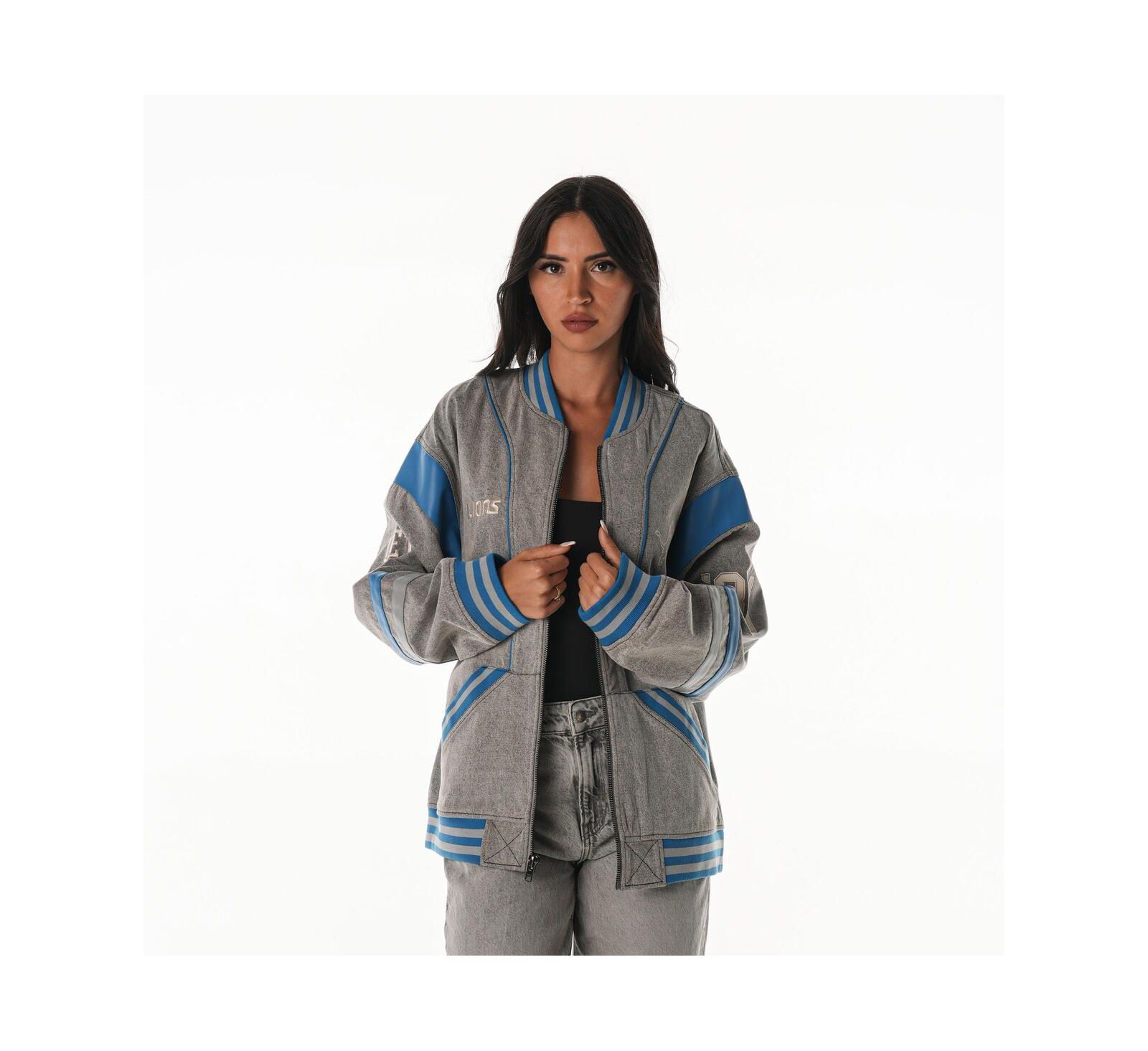 The Wild Collective Women's Gray Detroit Lions Oversized Retro Full-Zip Jacket
