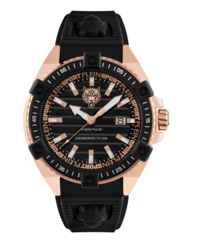 Plein Sport Men's Urban Pulse 3 Hand Date Quartz Black Silicone Strap Watch, 47mm
