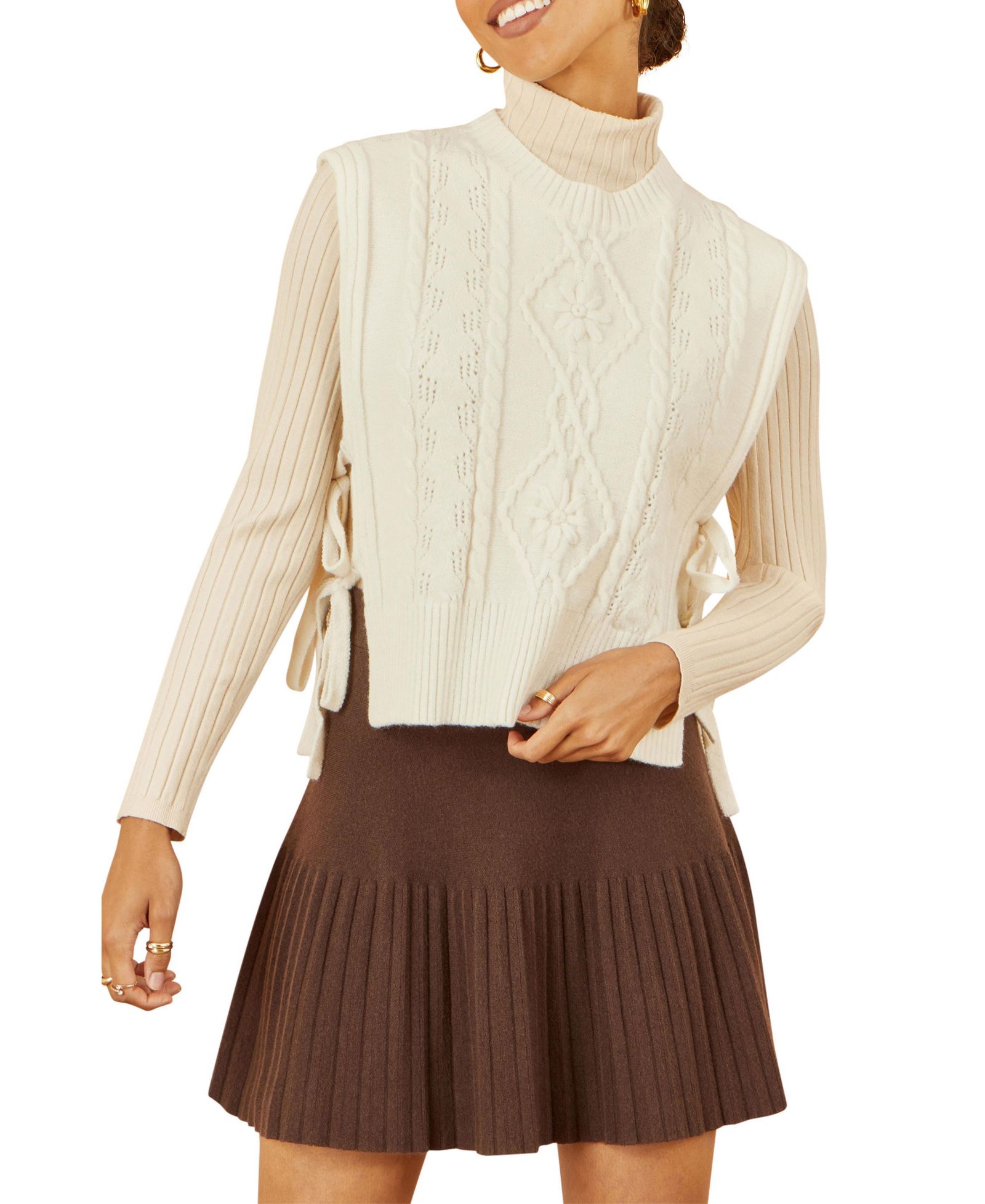 Yumi Women's Sweaters Floral Cable Knit Side Tie Pullover