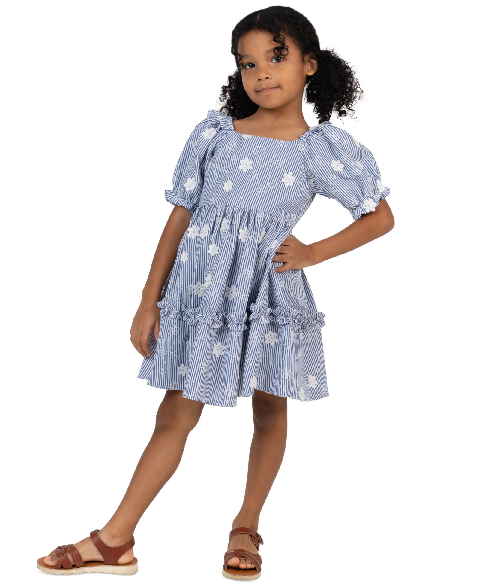 Rare Editions Girls' 2T-6X Striped Embroidered Flutter-Sleeve Dress