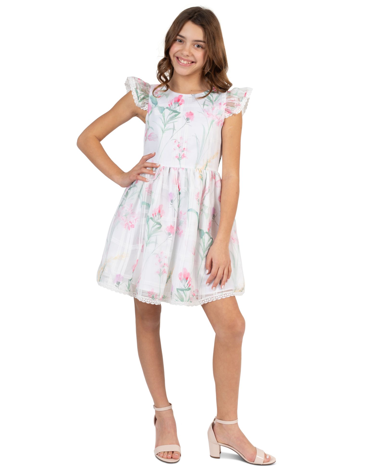 Rare Editions Детский 7-16 Floral Windowpane Crochet Round Neck Dress