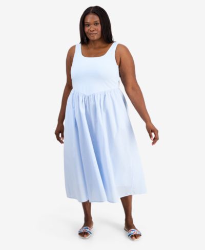 On 34th Trendy Plus Size V-Waist Mixed-Media Midi Dress, Macy's Exclusive