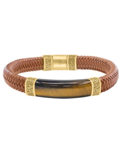 EFFY Collection Men's Tigers Eye (27-3/8 ct. t.w.) Bracelet in Brown Leather with 18k Gold