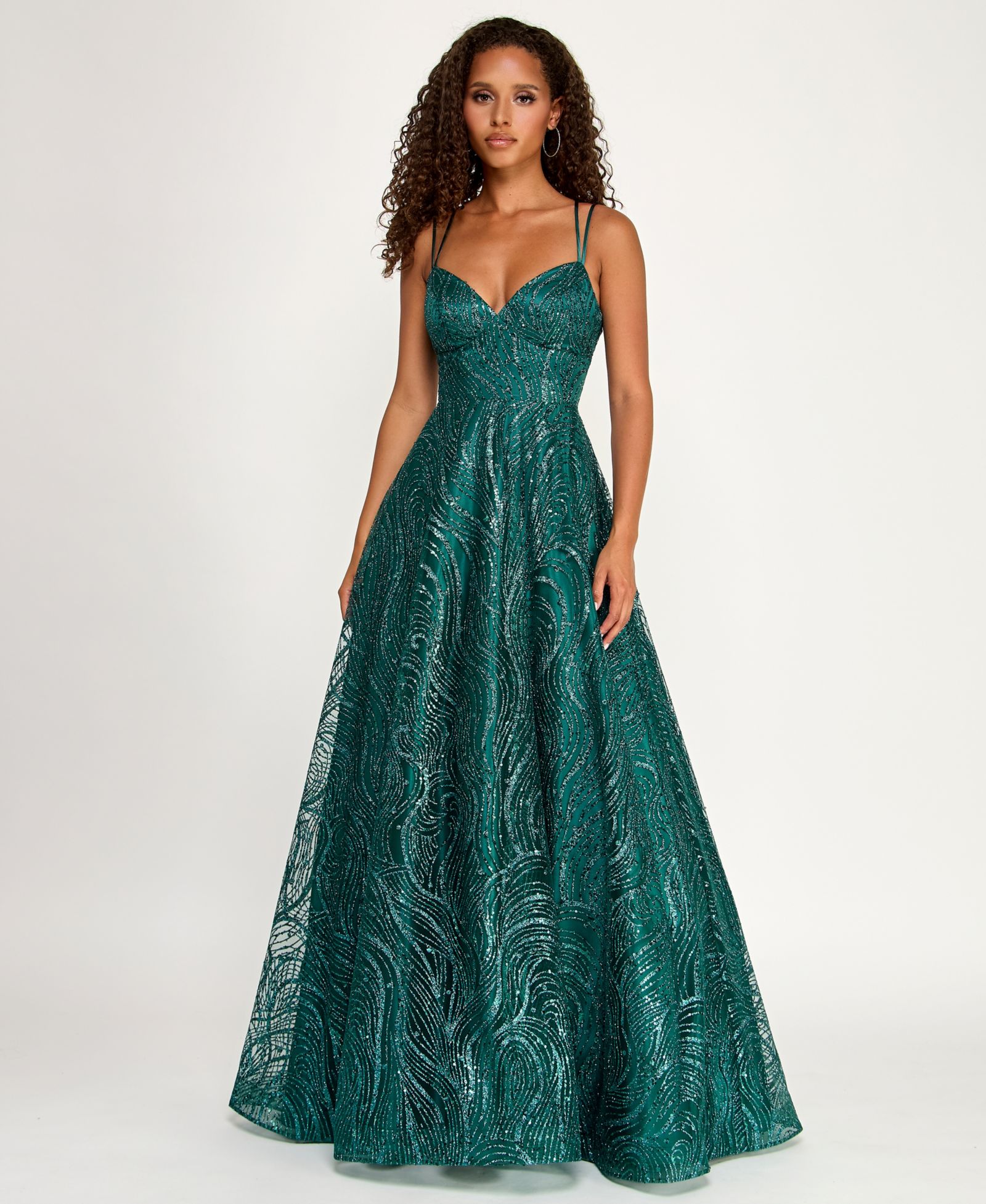 B Darlin Juniors' Spaghetti Strap V Neck Glitter Pattern Gown with Lace Up Back
