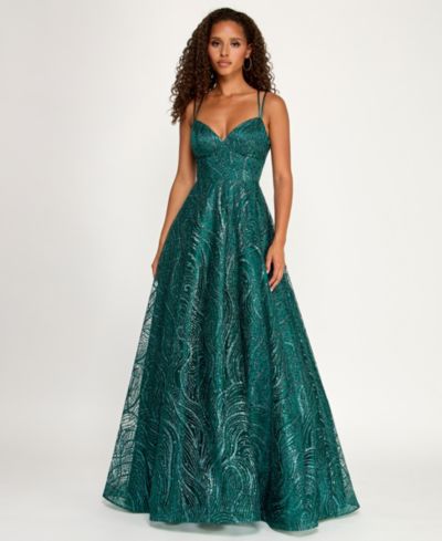 B Darlin Juniors' Spaghetti Strap V Neck Glitter Pattern Gown with Lace Up Back
