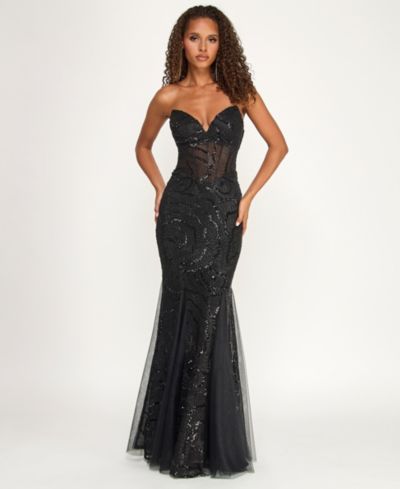 B Darlin Juniors Sweetheart Sequin Mesh Mermaid Gown with Illusion Bodice