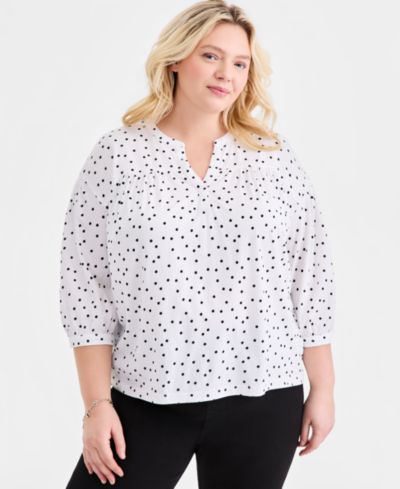 Style & Co Plus Size Printed Split-Neck 3/4-Sleeve Top, Macy's Exclusive