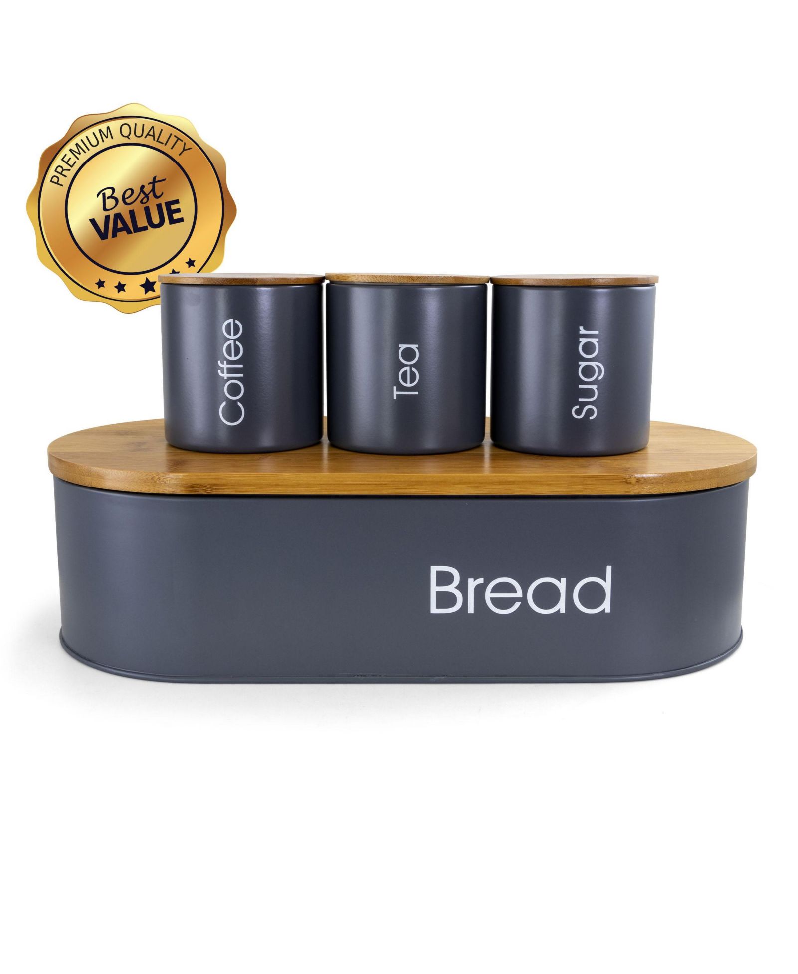 MegaChef Bamboo Kitchen Countertop 4 Piece Metal Bread Basket and Canister Set in Gray with Lids