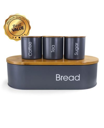 MegaChef Bamboo Kitchen Countertop 4 Piece Metal Bread Basket and Canister Set in Gray with Lids
