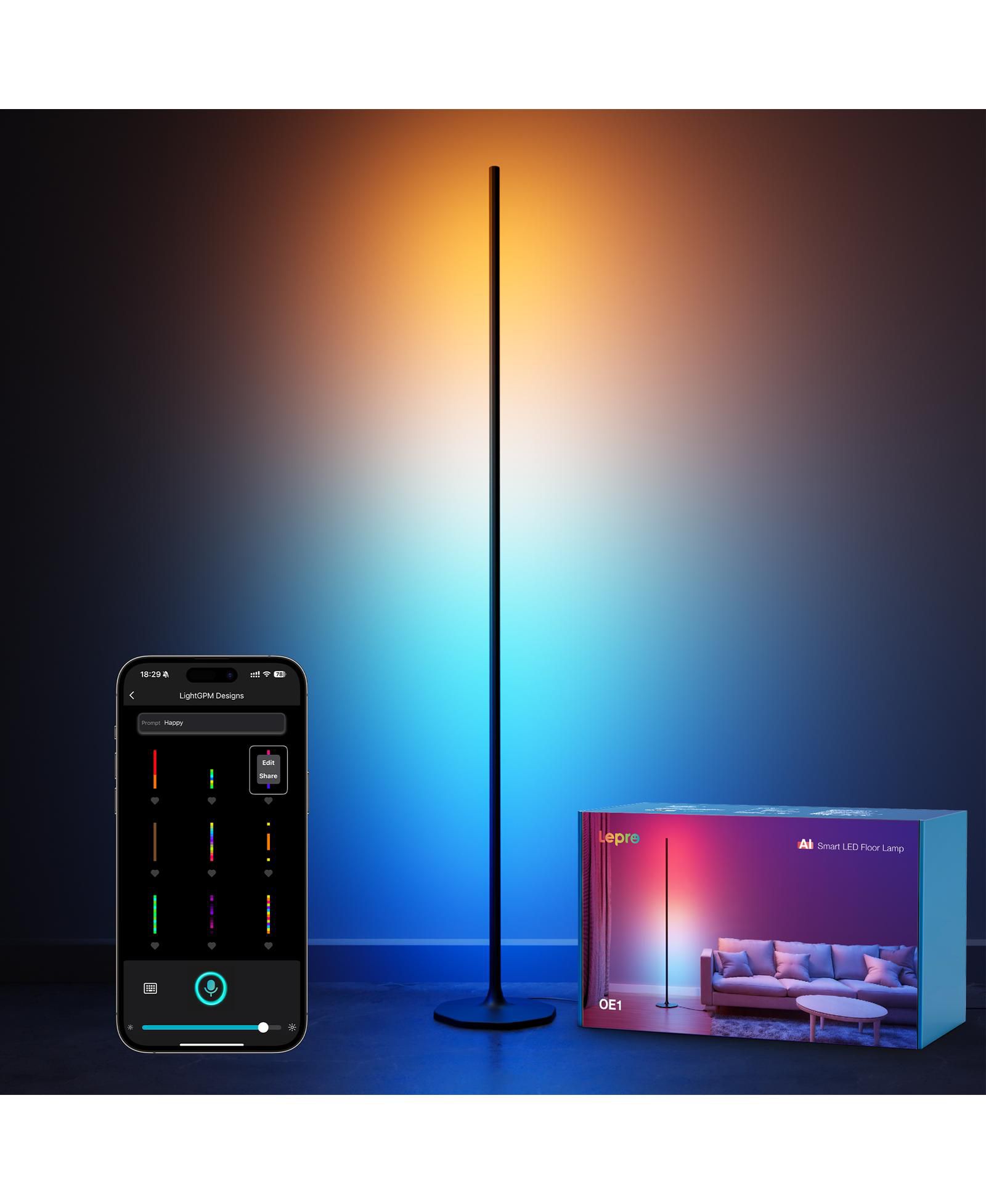 Lepro OE1 55 in. AI Smart RGBWW Black Standard Floor Lamp, 1000 LM Dimmable Color Changing Accent Light for bedroom living room