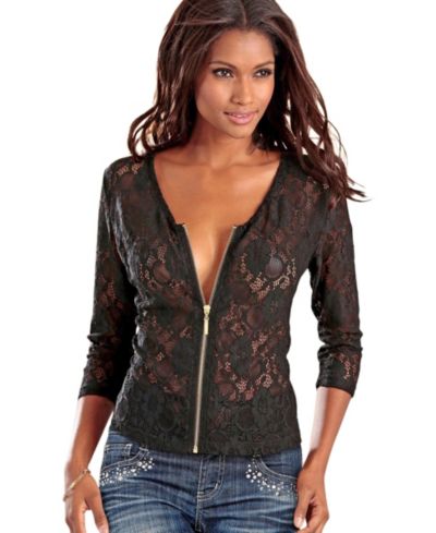 LASCANA Women's Floral Print Lace Zip Front-Closure Jacket