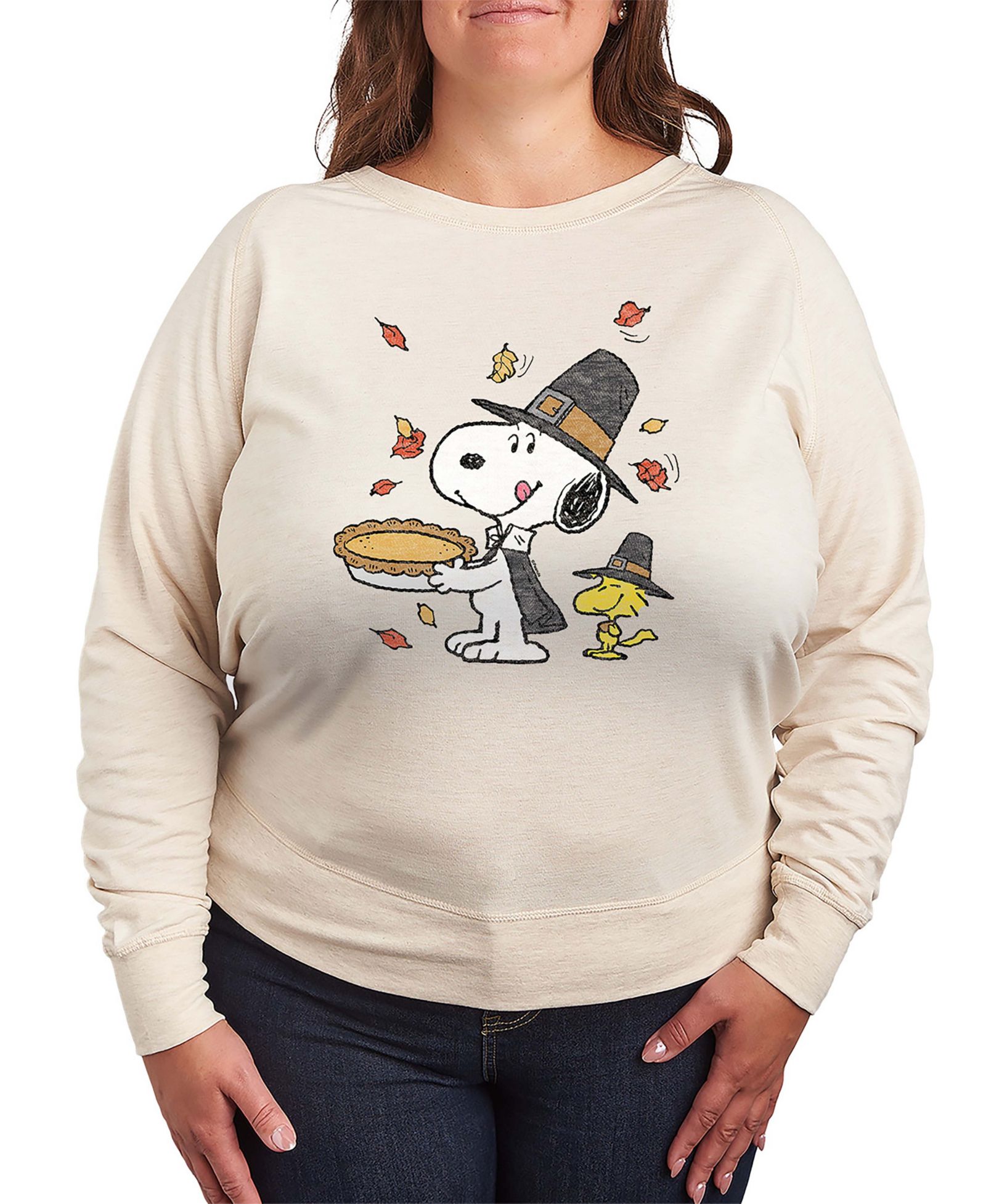 Hybrid Apparel Plus Size Thanksgiving Pie Snoopy and Woodstock French Terry Long Sleeve T-Shirt
