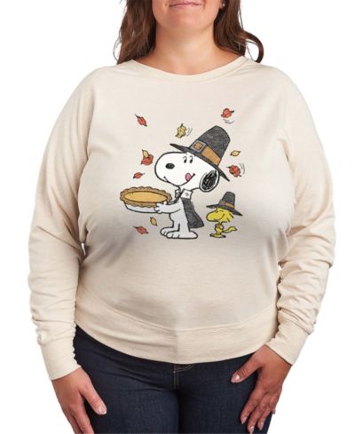 Hybrid Apparel Plus Size Thanksgiving Pie Snoopy and Woodstock French Terry Long Sleeve T-Shirt