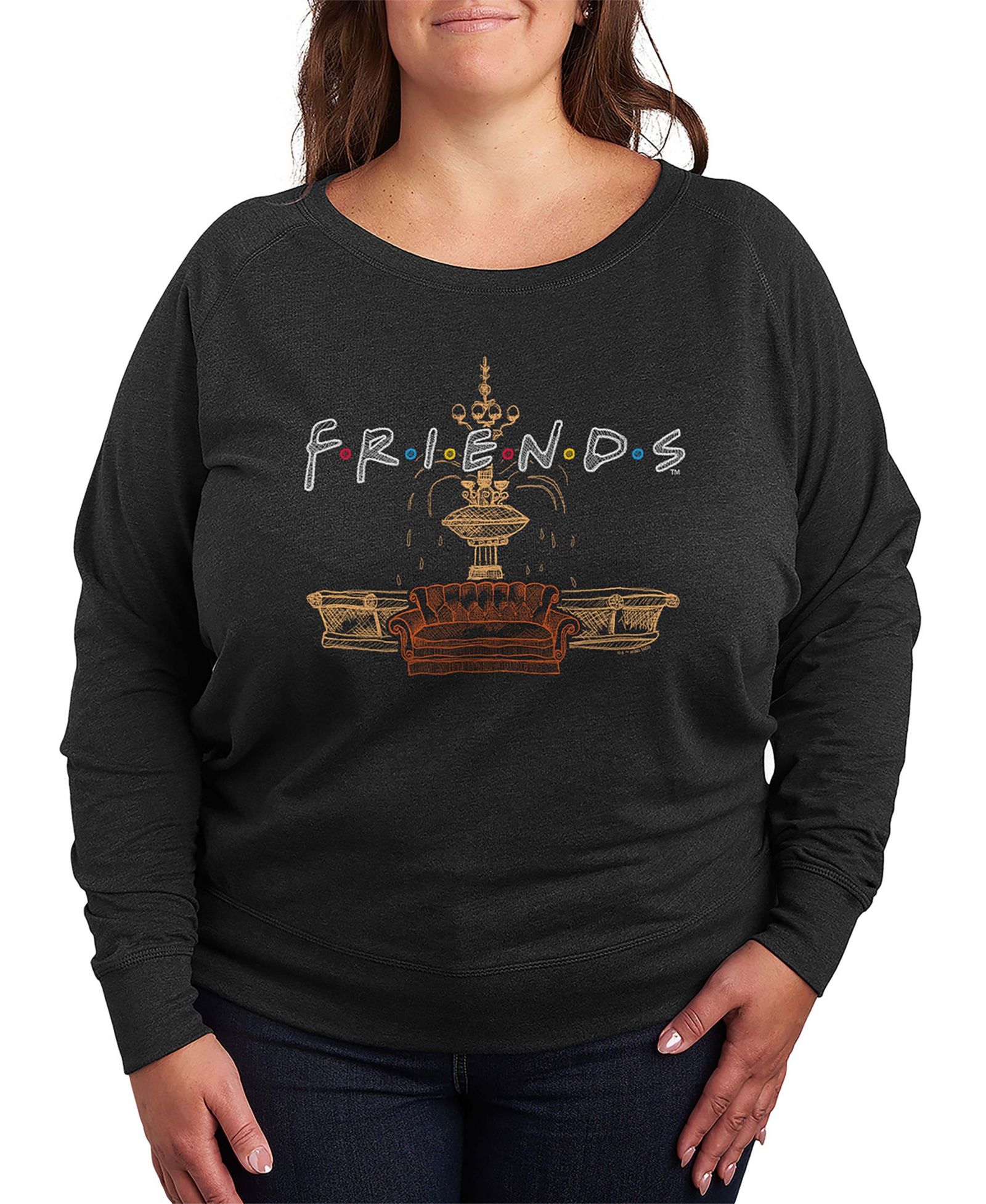 Hybrid Apparel Plus Size Friends Logo Fountain and Couch French Terry Long Sleeve T-Shirt