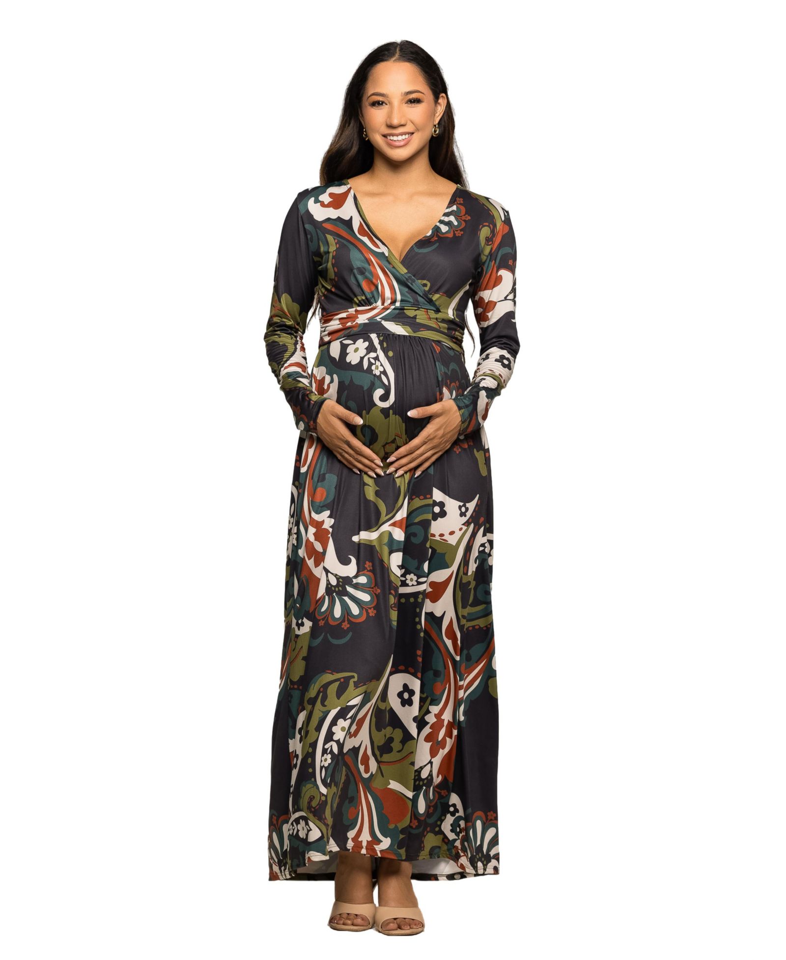 Женское платье для беременных 24seven Comfort Apparel Green Paisley Print Long Sleeve Wrap Maxi