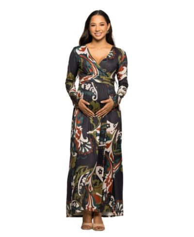 24seven Comfort Apparel Women's Maternity Green Paisley Print Long Sleeve Wrap Maxi Dress
